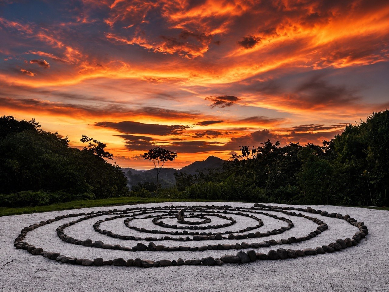 Stone spiral labyrinth at Castillo del Sol under a fiery sunset